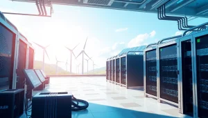 Futuristic cloud mining facility showcasing dogecoin cloud mining profit through advanced technology and sustainability.