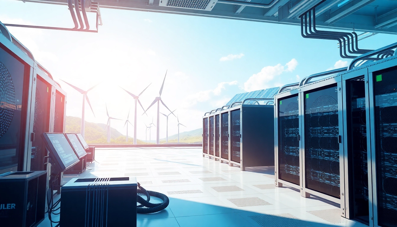 Futuristic cloud mining facility showcasing dogecoin cloud mining profit through advanced technology and sustainability.