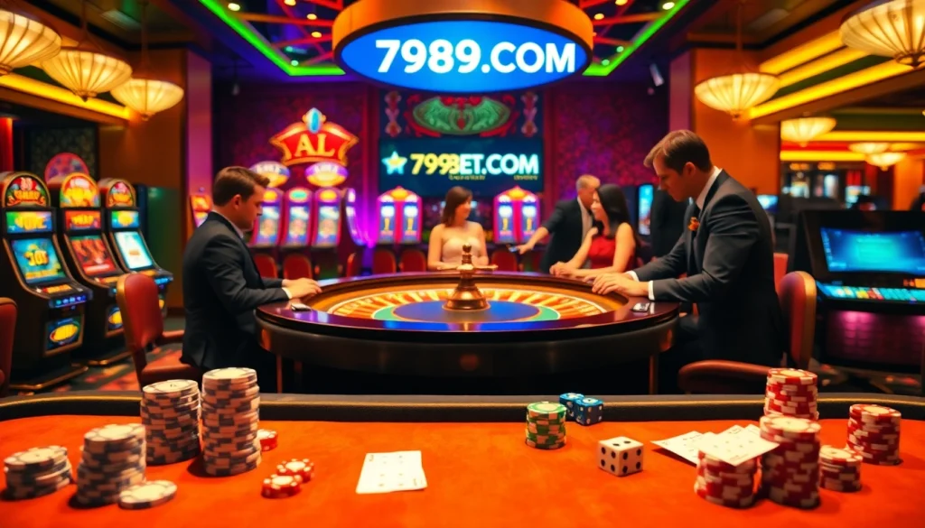 Engaging scene at 789BET.COM casino with poker players, roulette action, and vibrant slot machines.