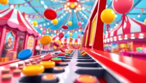 Mainkan plinko demo dengan koin berwarna yang jatuh ke slot bawahan di latar belakang karnaval.