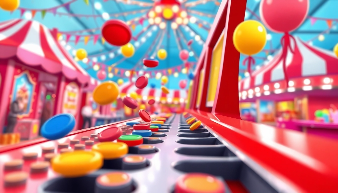 Mainkan plinko demo dengan koin berwarna yang jatuh ke slot bawahan di latar belakang karnaval.