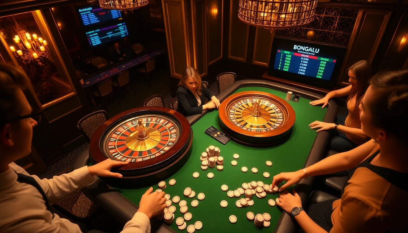 Enthusiastic gamblers enjoying exciting games at Bongdalu's lavish casino scene with roulette and poker tables.