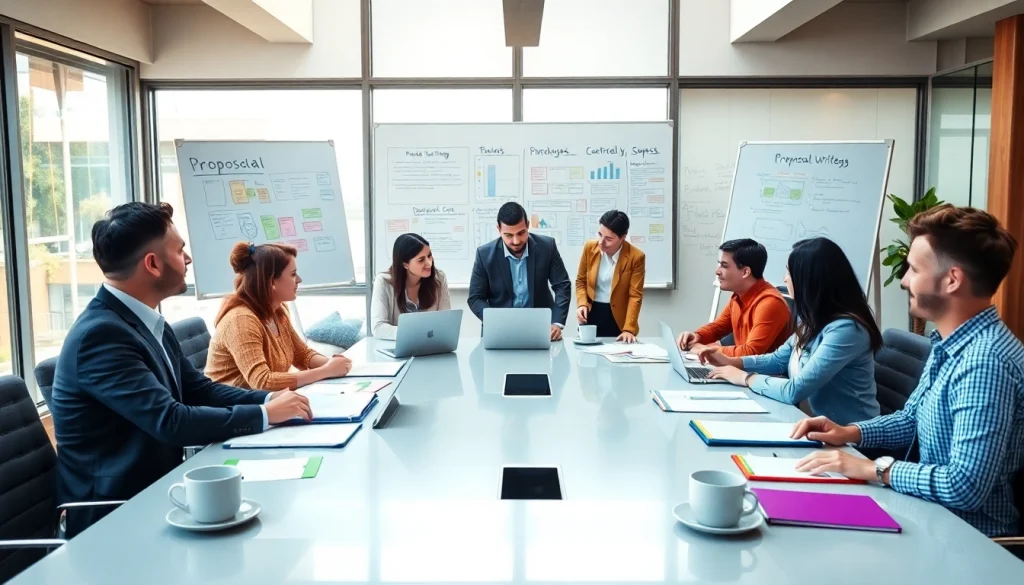 Team collaborating on Proposal Writing and Management strategies in a bright office setting.