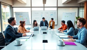 Team collaborating on Proposal Writing and Management strategies in a bright office setting.