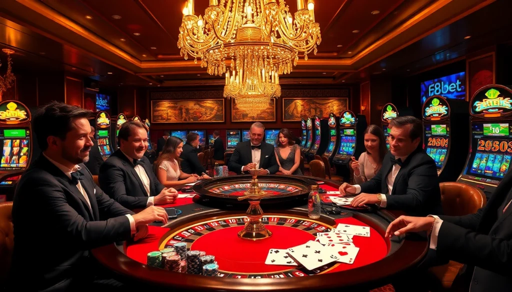 Players enjoying a luxurious casino experience at f8bet's roulette table with vibrant chips and cards.