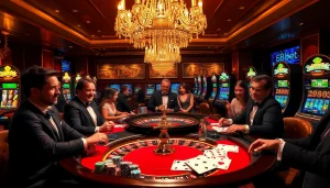 Players enjoying a luxurious casino experience at f8bet's roulette table with vibrant chips and cards.