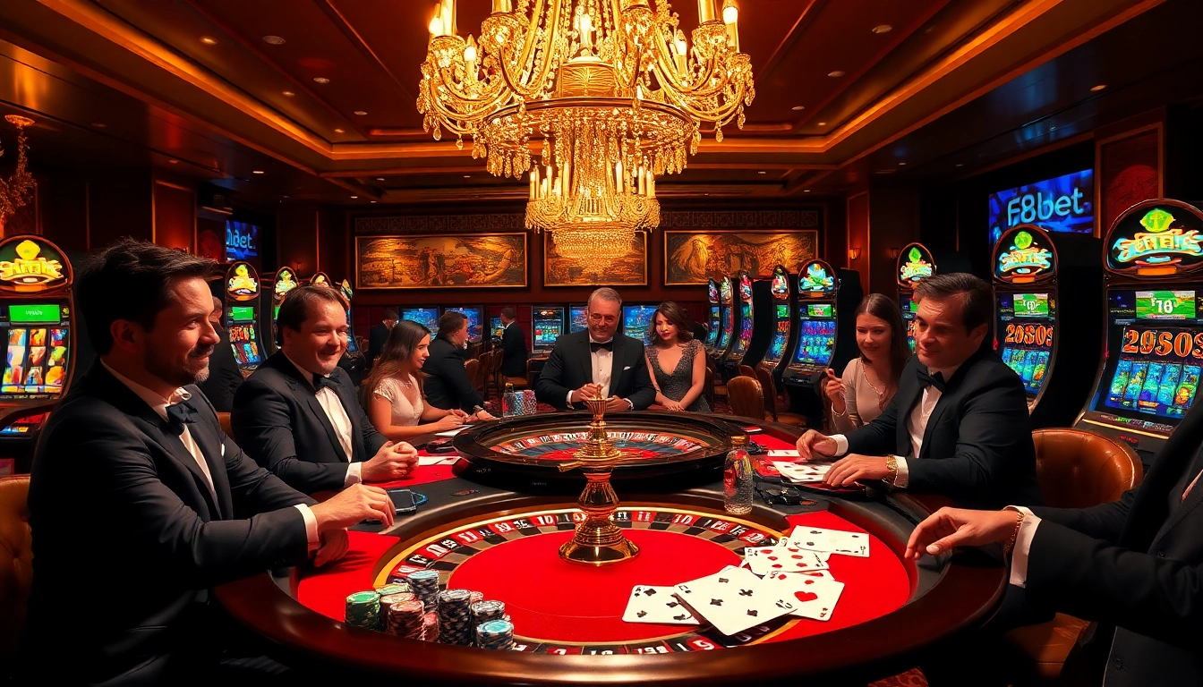 Players enjoying a luxurious casino experience at f8bet's roulette table with vibrant chips and cards.