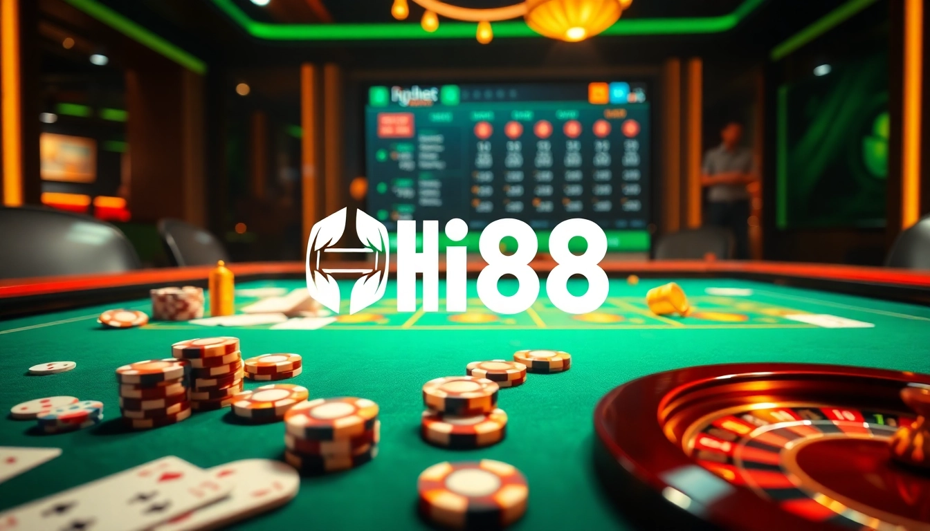 Hi88 players enjoying an exciting online gambling experience with poker chips and a roulette wheel.