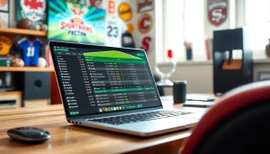 Engaging sports betting scene showcasing online sportsbooks Canada on a laptop with energetic atmosphere.