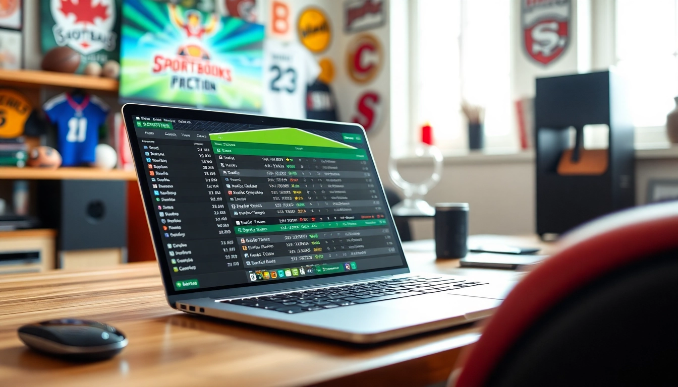 Engaging sports betting scene showcasing online sportsbooks Canada on a laptop with energetic atmosphere.