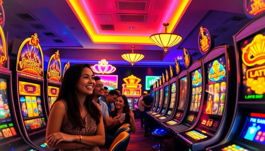 Players celebrating their wins at hoki138 pro's exciting slot machines in a vibrant casino atmosphere.