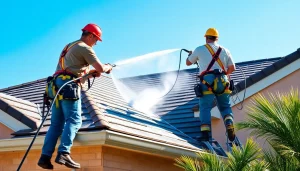 Roof cleaning service in Kissimmee, Florida, showcasing eco-friendly techniques and professional teamwork.