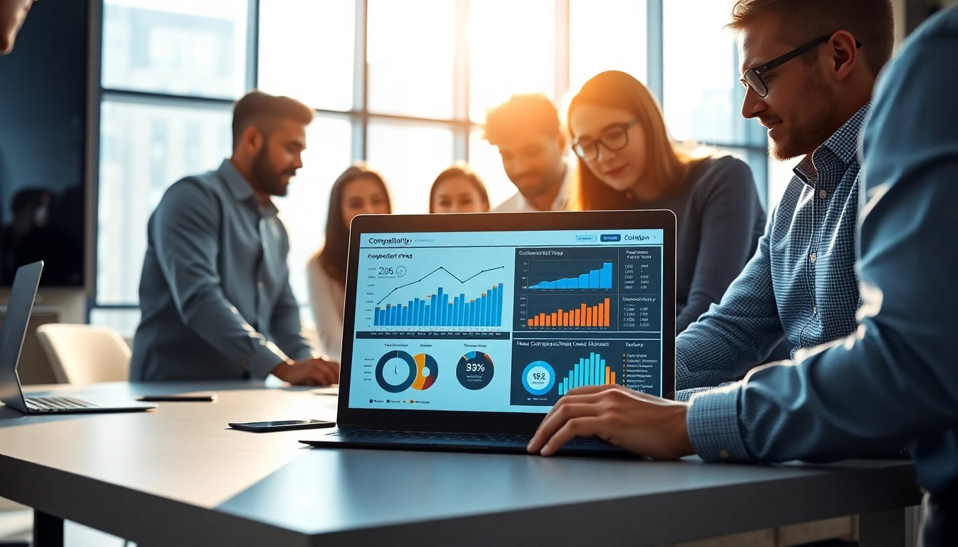 Visualize competitor pricing analysis in a collaborative office space, emphasizing teamwork and technology.