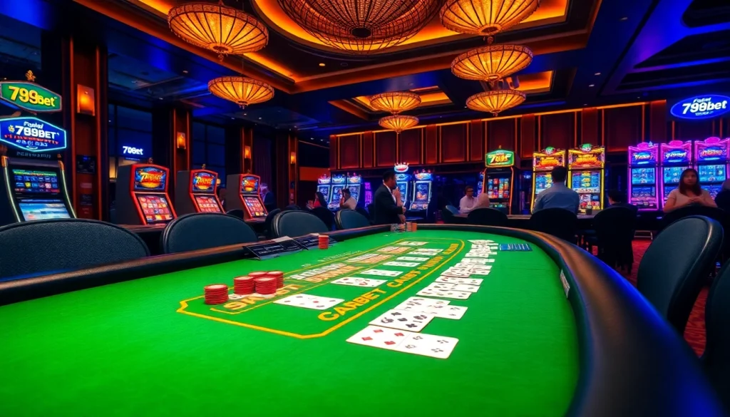 Players enjoying blackjack at a luxurious 789bet casino table, vibrant chips and cards in action.