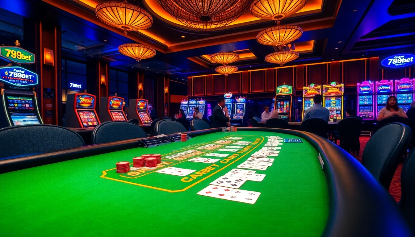 Players enjoying blackjack at a luxurious 789bet casino table, vibrant chips and cards in action.