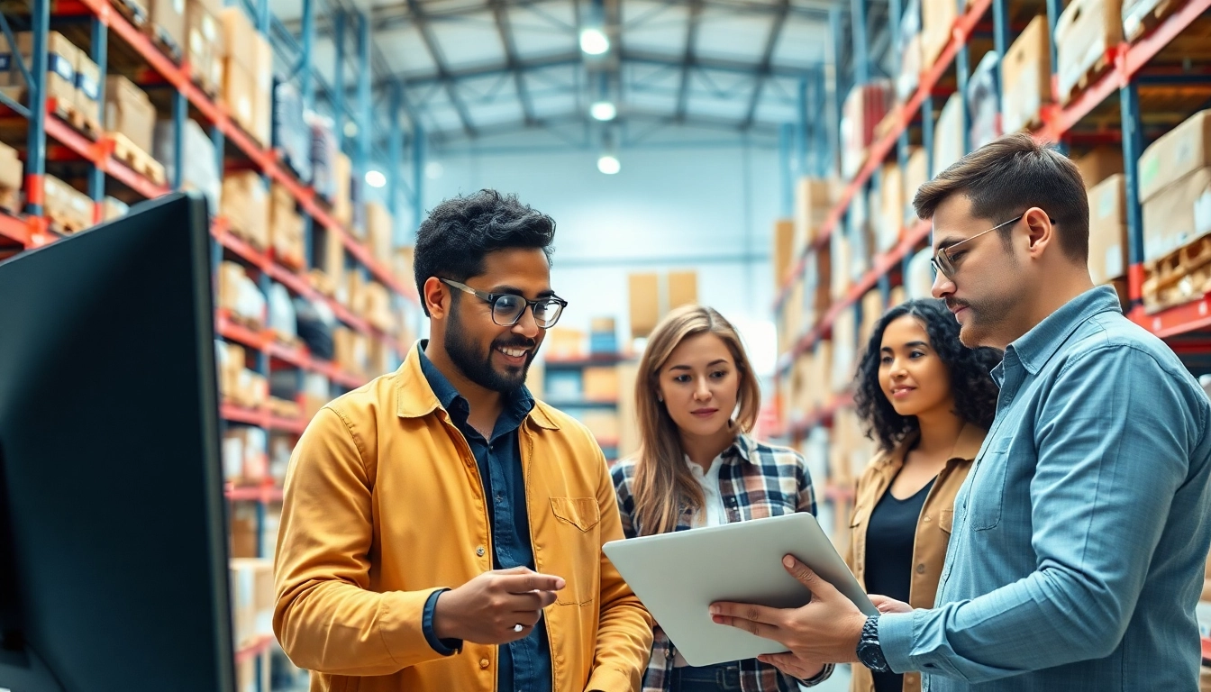 Logistics professionals efficiently managing operations in a modern warehouse setting.