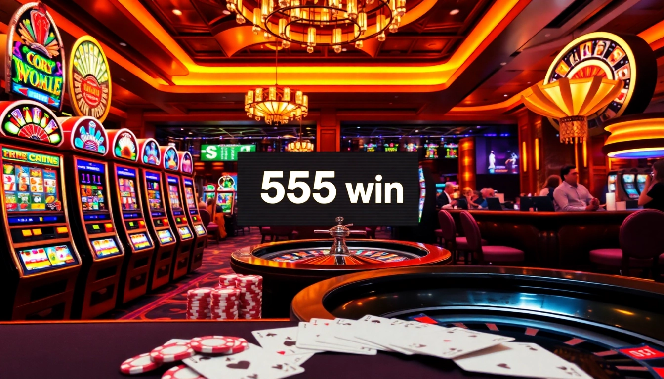 Experience the excitement of a 555 win with vibrant slot machines and poker chips in a luxurious casino setting.