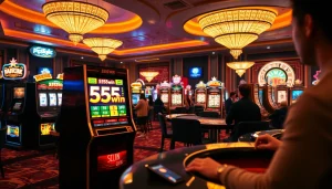 Players reveling in the excitement of 555win at a luxury casino, showcasing slots and tables.