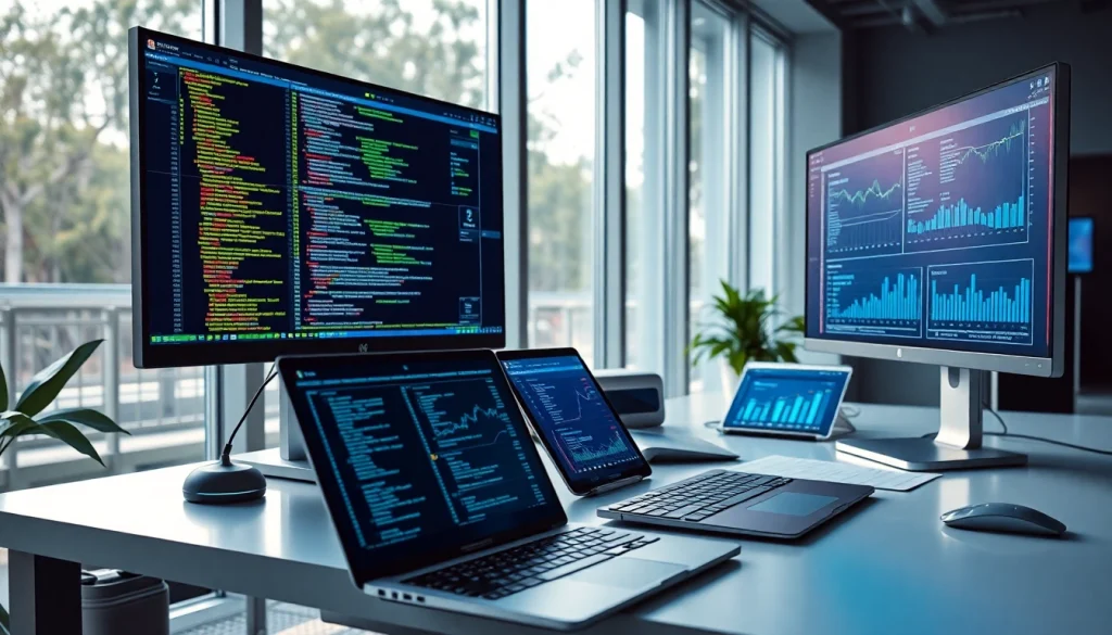 Innovative software engineering workspace with coding screens and finance charts.