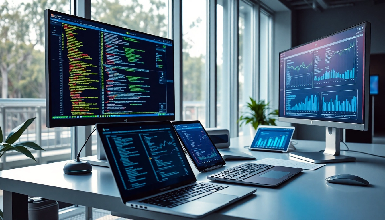 Innovative software engineering workspace with coding screens and finance charts.