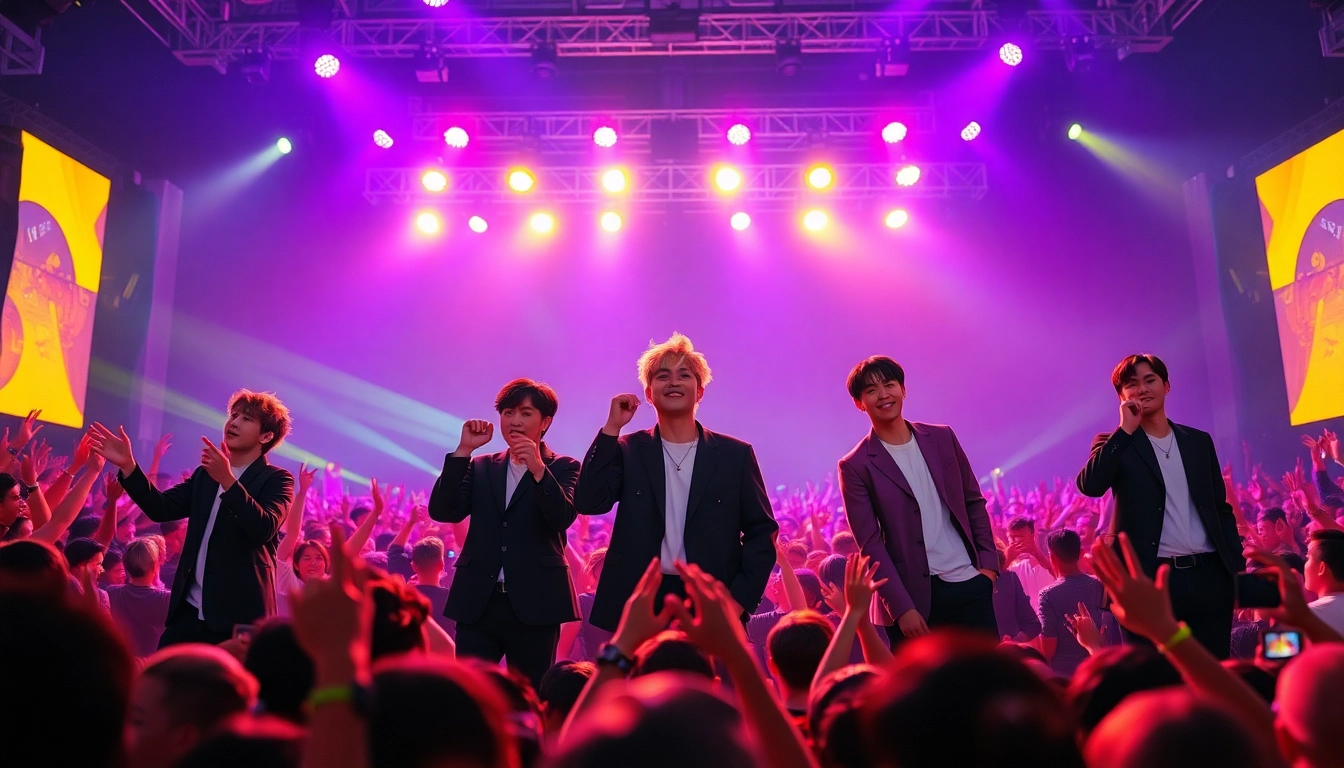 Engaging BTS news concert scene showcasing the group performing live, highlighting their energetic presence.