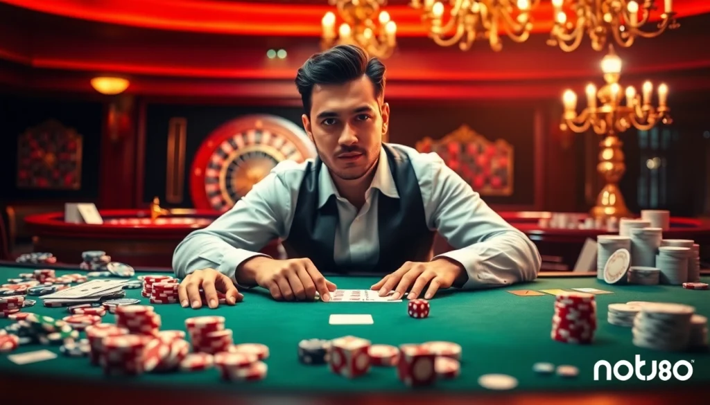 Play a strategic game at nohu90's luxurious casino table with cards and chips.