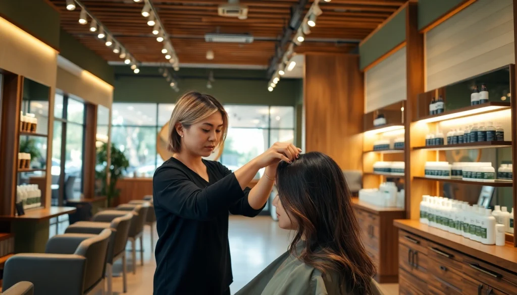 Aveda salon San Diego interior showcasing stylist applying highlights in a serene atmosphere.