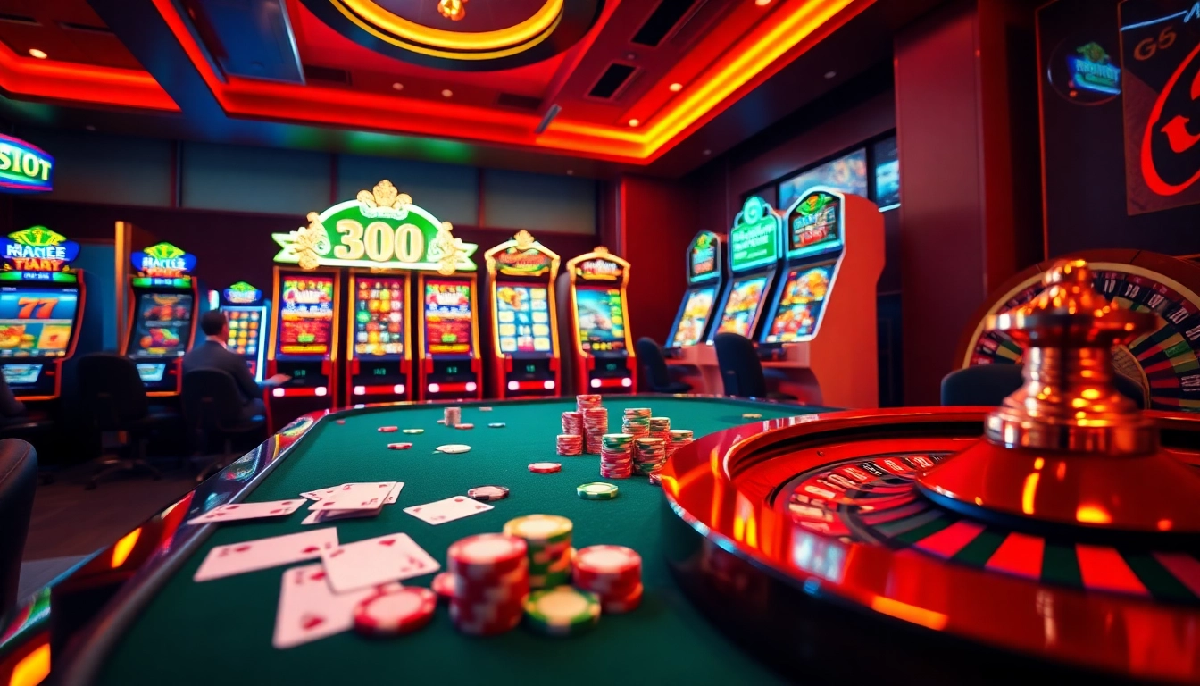 Players enjoy thrilling casino games at idnslot with vibrant slot machines, poker chips, and a roulette wheel.