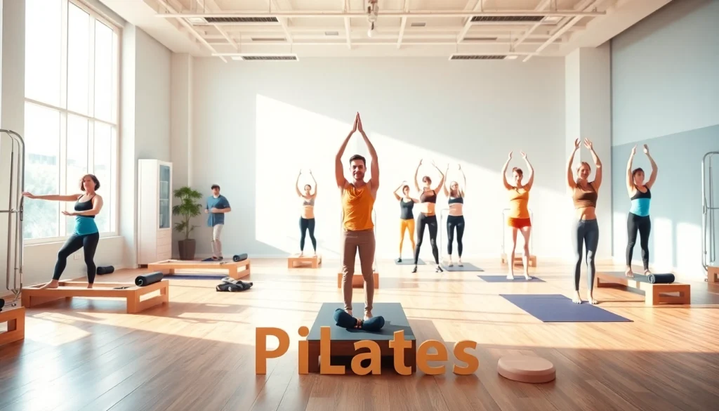 多様な参加者がさまざまなエクササイズを実践している、ピラティス おすすめを強調した魅力的なピラティススタジオの風景。