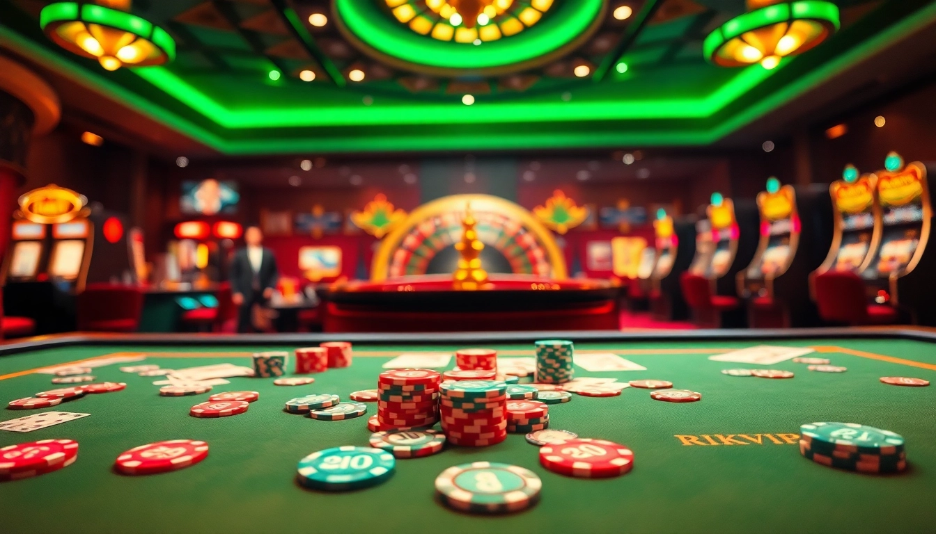 RIKVIP poker table showcasing exciting game action with vibrant chips and cards.