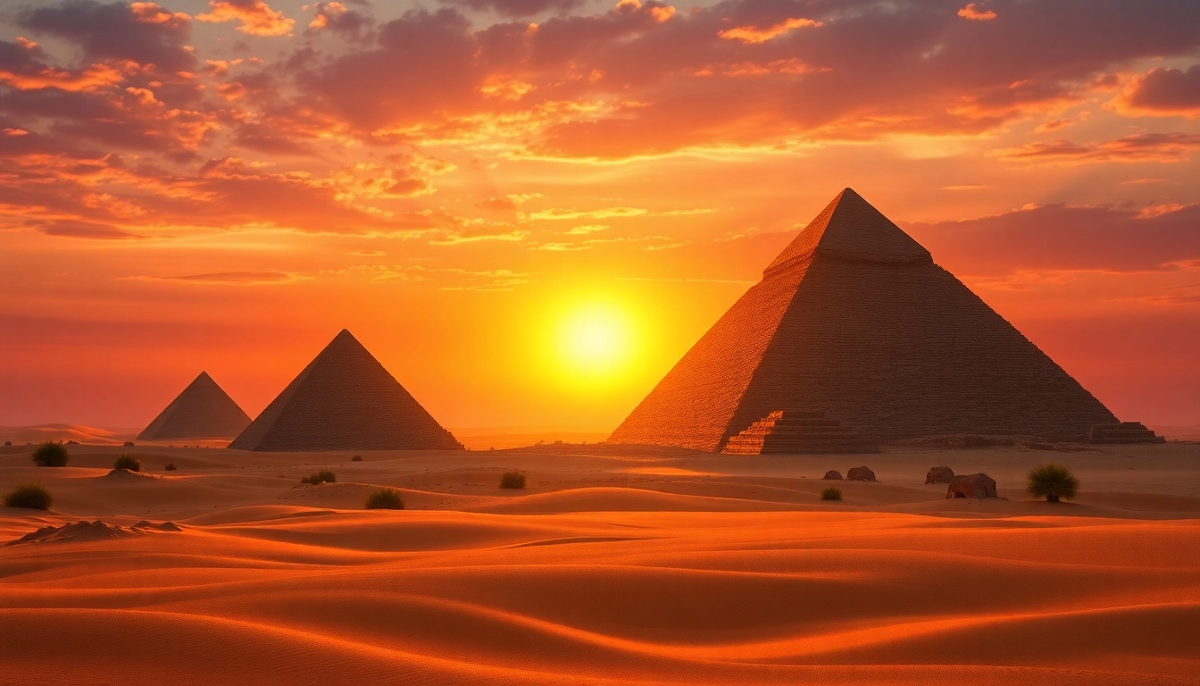 Explore piraminds of Giza against a stunning sunset backdrop highlighting their ancient majesty.