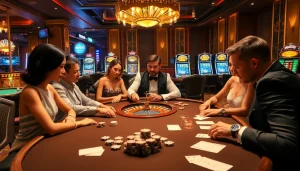 Nohu90 players strategizing at a luxurious poker table in an exciting casino atmosphere.