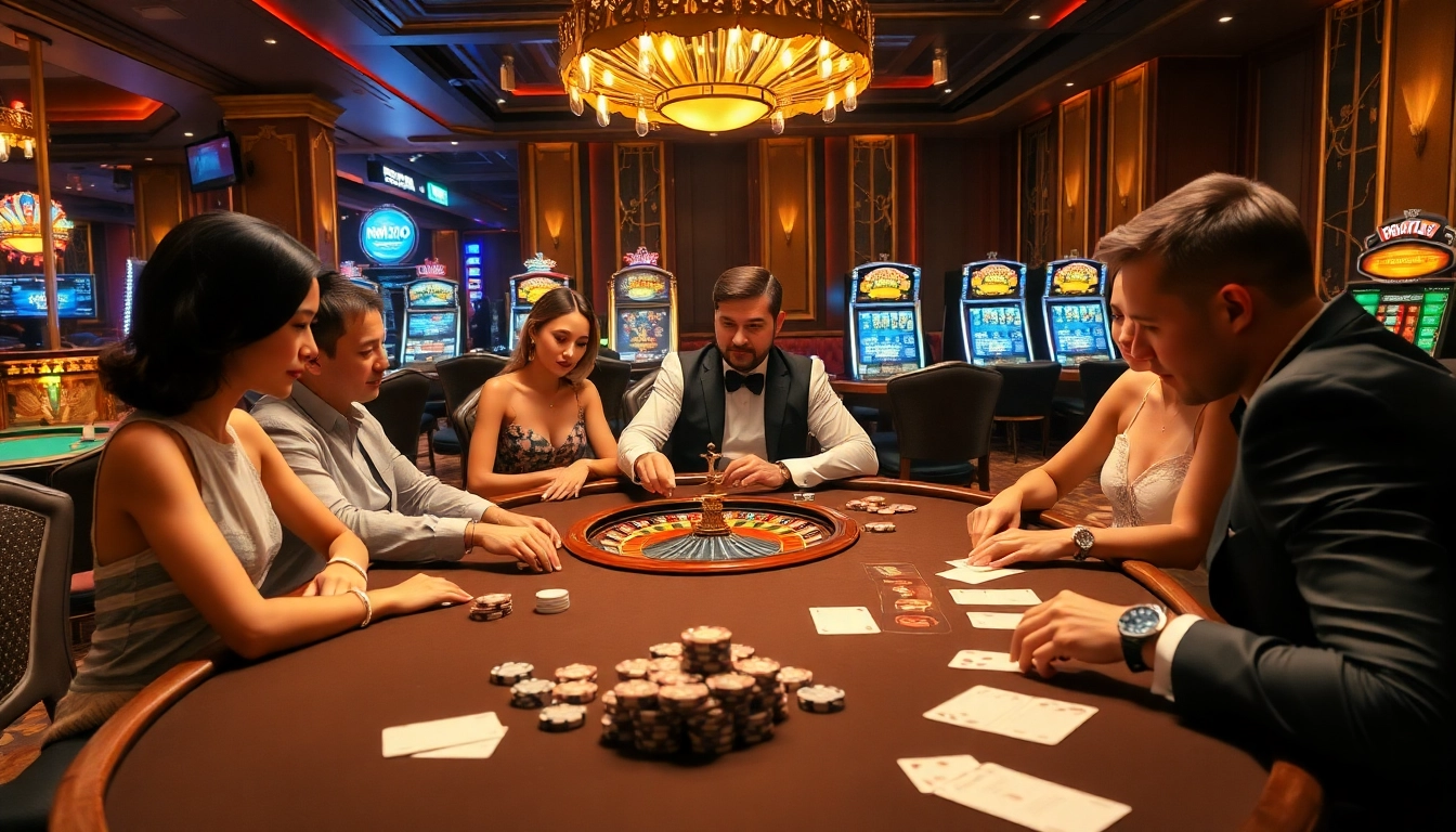 Nohu90 players strategizing at a luxurious poker table in an exciting casino atmosphere.