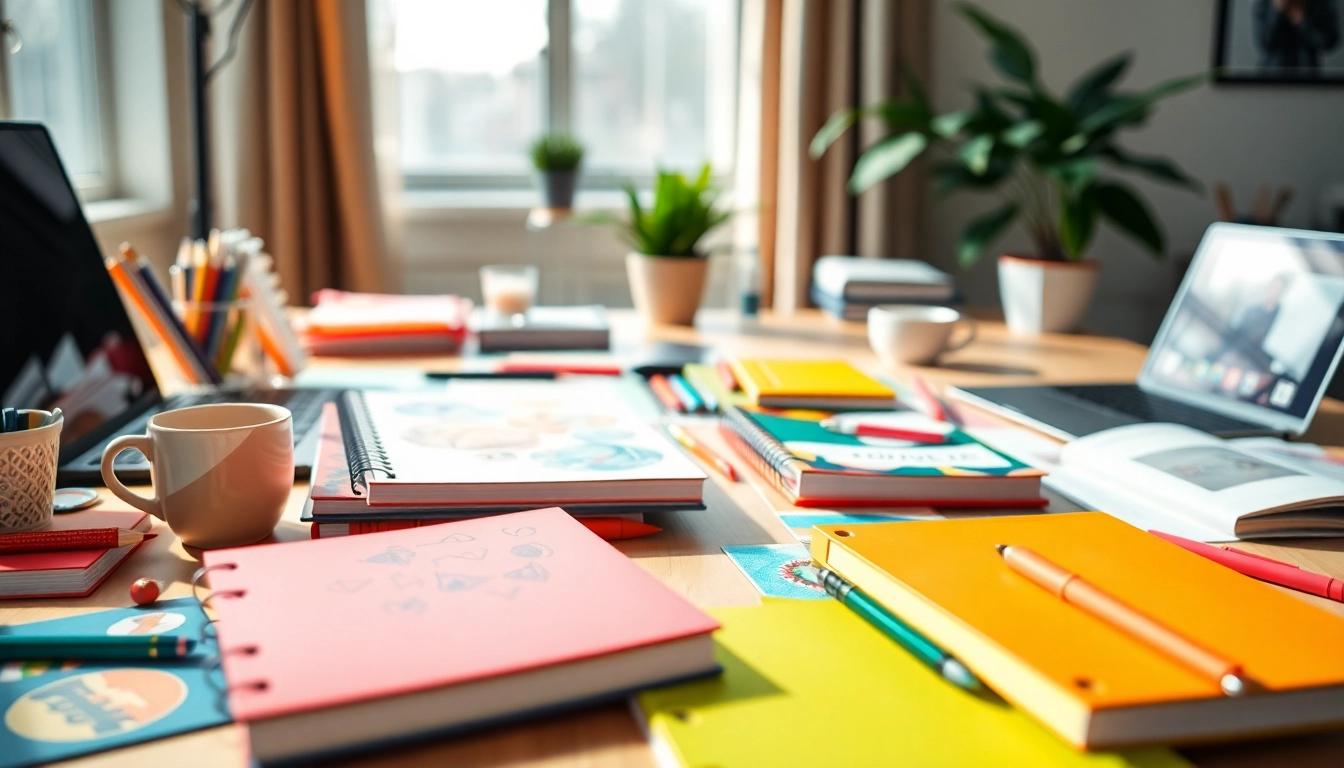 Reklaminiai bloknotai su ryškiu bloknotų spaudos dizainu moderniame biure.