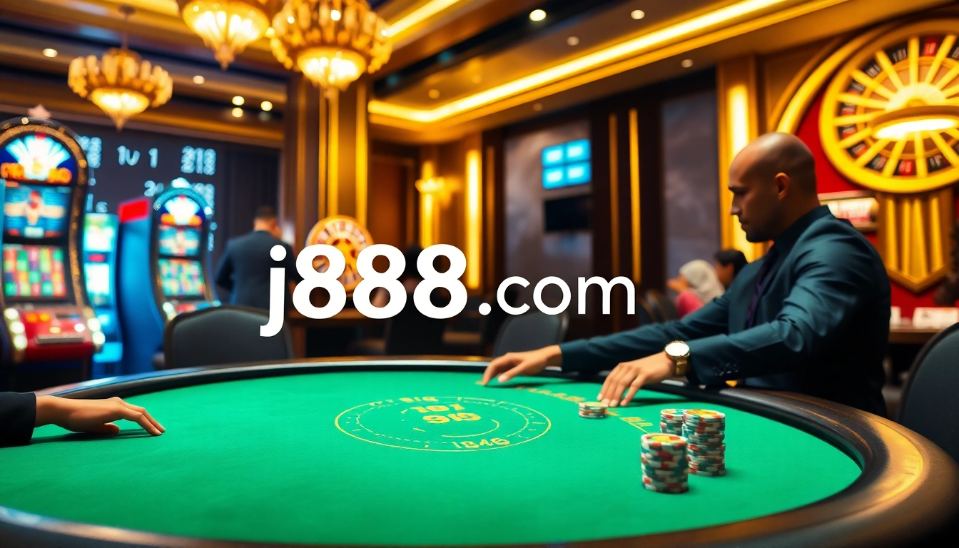 Players enjoying a thrilling game of poker at a luxurious casino table featuring j88 com branding.