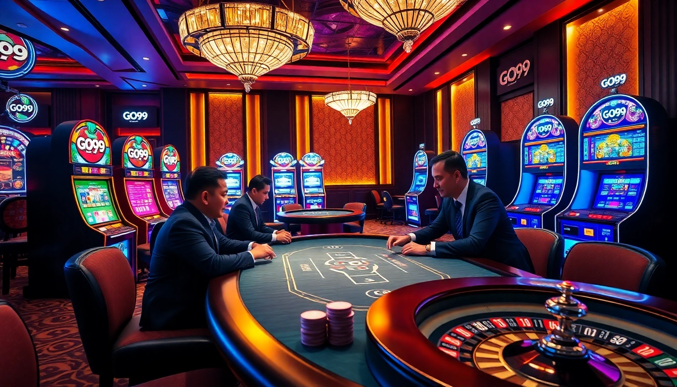 Gamblers playing poker at a luxurious casino table featuring GO99 branding, highlighting a vibrant gaming atmosphere.