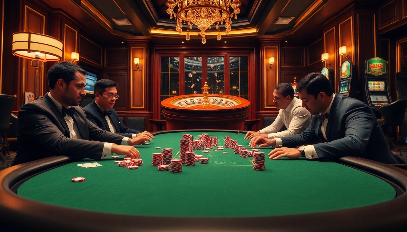 Exciting poker match showcasing QH88's high-stakes action in a luxurious casino setting.