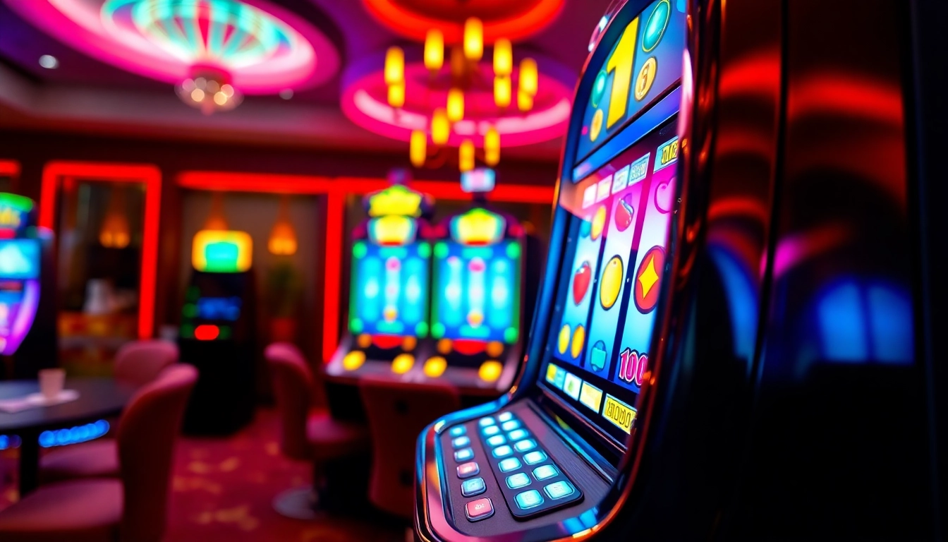 Menangkan permainan slot depo 1k dengan slot mesin berwarna cerah dan suasana kasino.