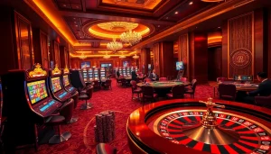 Experience the thrill with Luckywin at a luxurious casino showcasing vibrant tables and exciting gameplay.