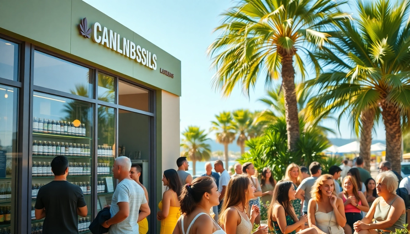 Customers enjoying the Cannabis shop association Lloret de Mar in a vibrant setting.