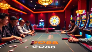 Engaged players at a GO88 gaming table enjoying the thrill of online gambling.