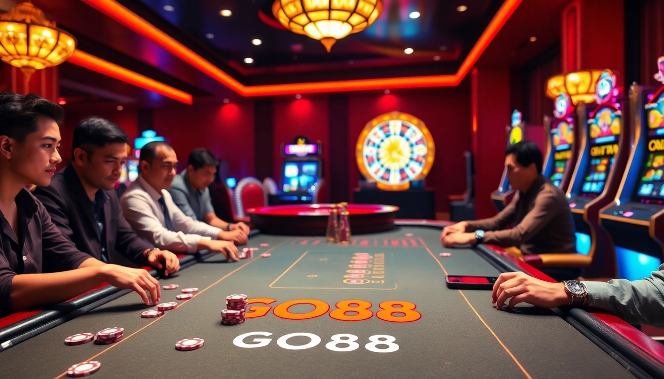Engaged players at a GO88 gaming table enjoying the thrill of online gambling.