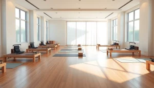 台東区の明るいピラティススタジオがリフォーマー機器を展示し、落ち着いた雰囲気を醸し出す。『ピラティス 台東区』愛好者向け