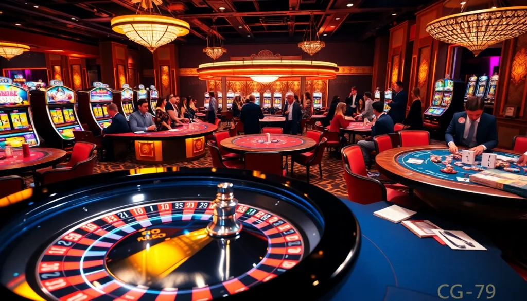 Các tay cược có mức cược cao đang tận hưởng các trò chơi đầy kịch tính tại một casino sang trọng, với các yếu tố CG 79.