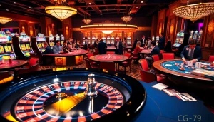 Các tay cược có mức cược cao đang tận hưởng các trò chơi đầy kịch tính tại một casino sang trọng, với các yếu tố CG 79.
