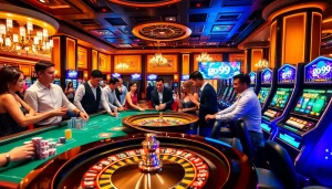 Experience the excitement of go 99 at a vibrant casino table filled with players and colorful chips.