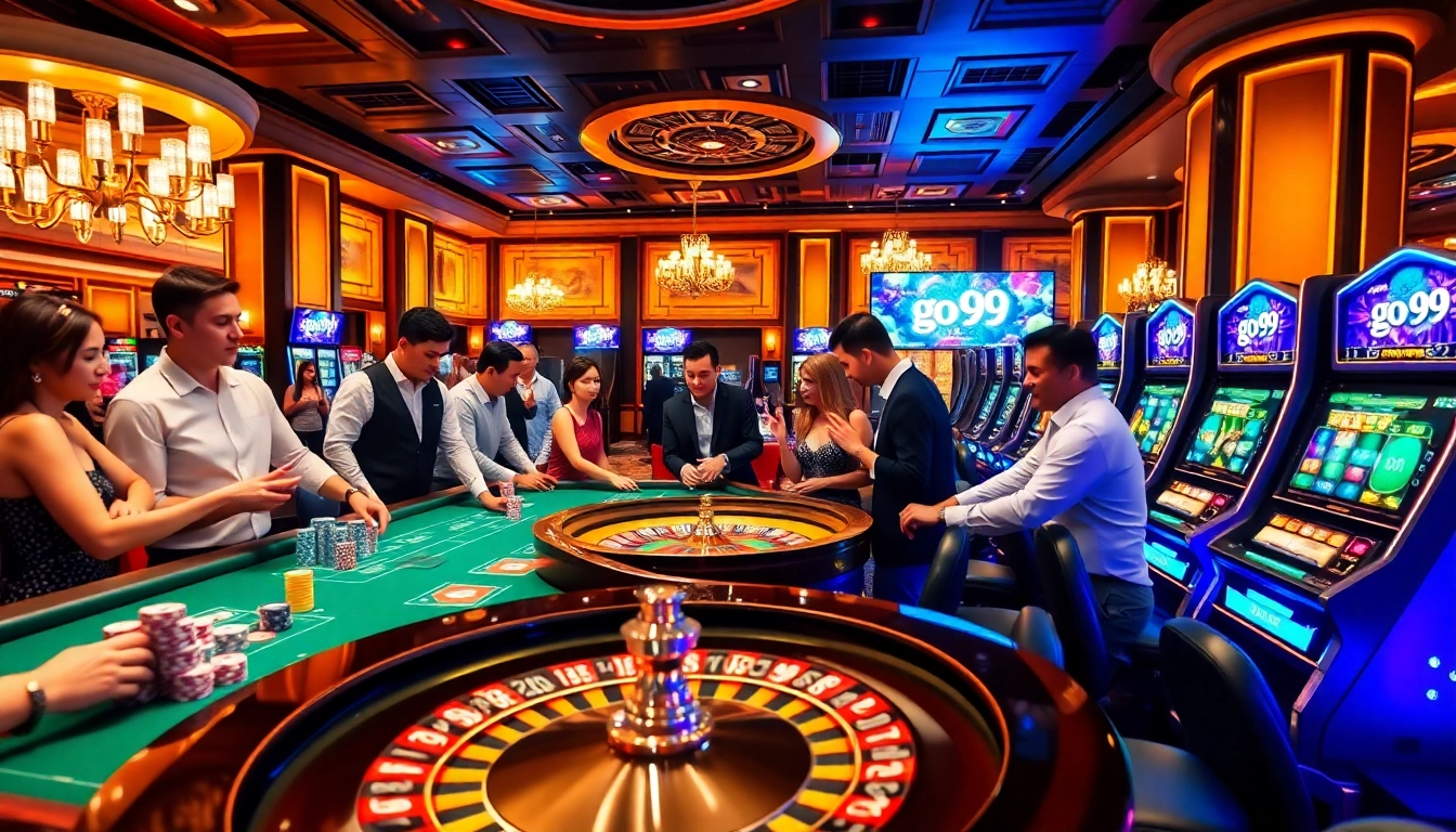 Experience the excitement of go 99 at a vibrant casino table filled with players and colorful chips.