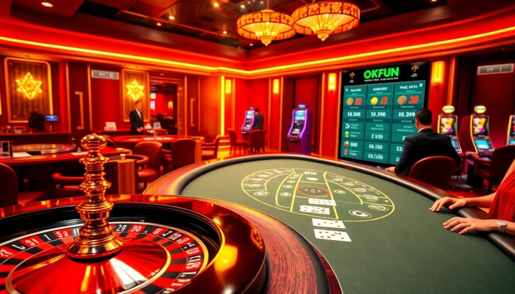 Nestled in a classy casino, Nhà cái OKFUN players engage in thrilling roulette and blackjack games, showcasing high-stakes excitement.