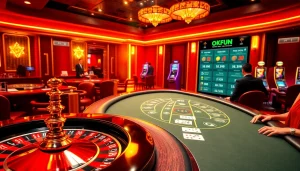 Nestled in a classy casino, Nhà cái OKFUN players engage in thrilling roulette and blackjack games, showcasing high-stakes excitement.