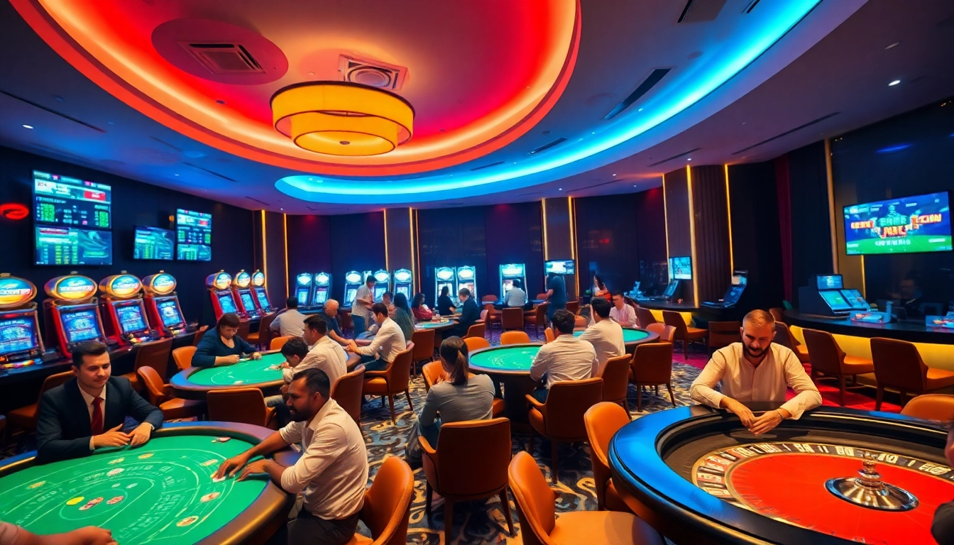 Cảnh sòng bạc hấp dẫn với các người chơi đang thưởng thức các trò chơi Ku3933 Net Bet đầy phấn khích.